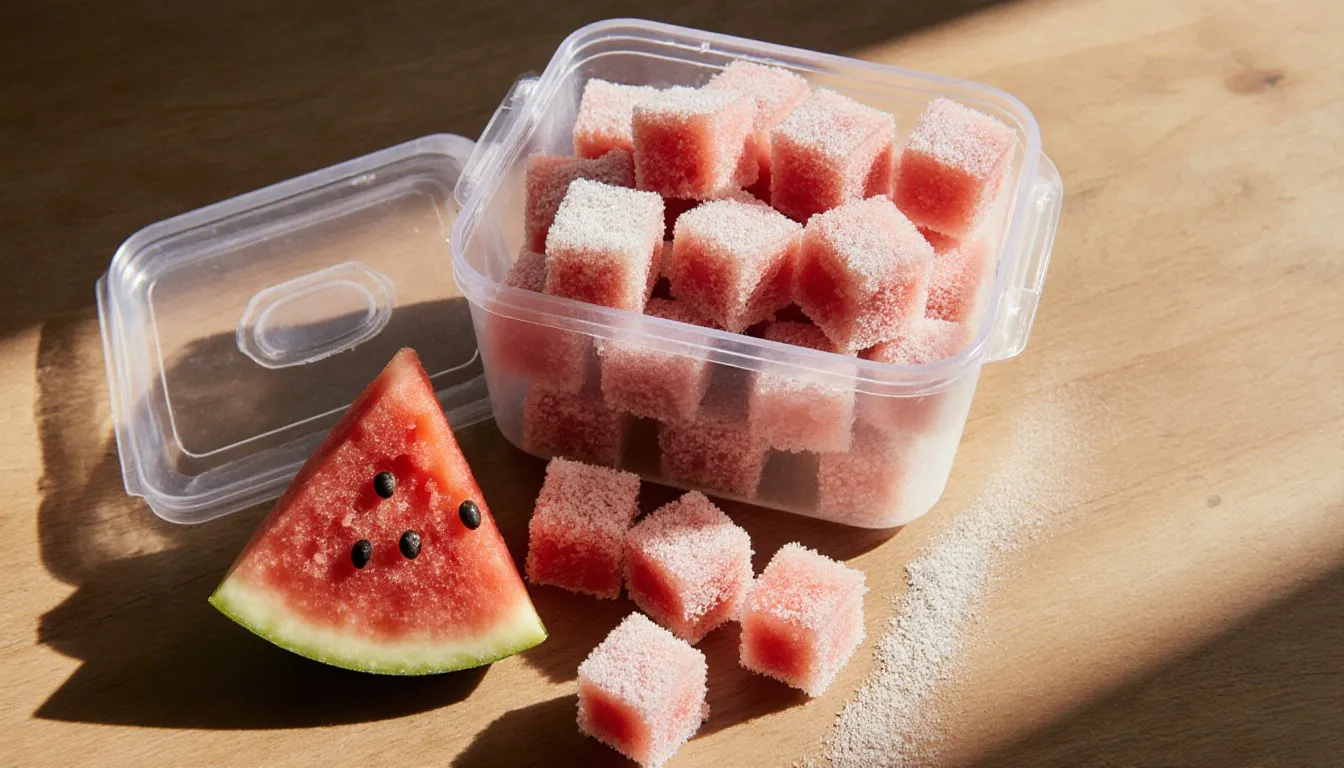 Frosty frozen watermelon cubes spilling from a container next to fresh watermelon wedges on a wooden counter
