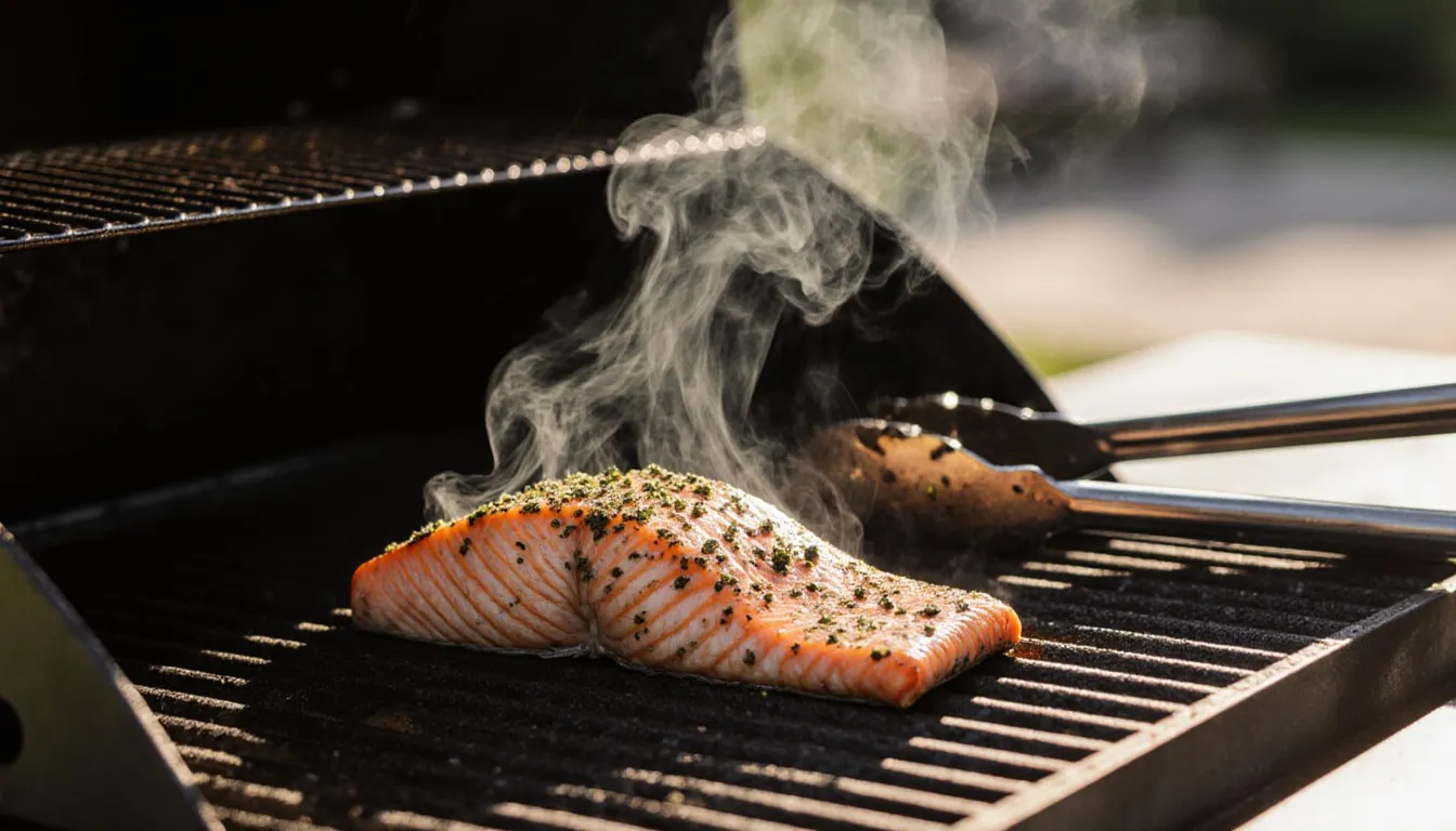 A salmon fillet, skin-side up, grilling over open flame on a gas grill grate