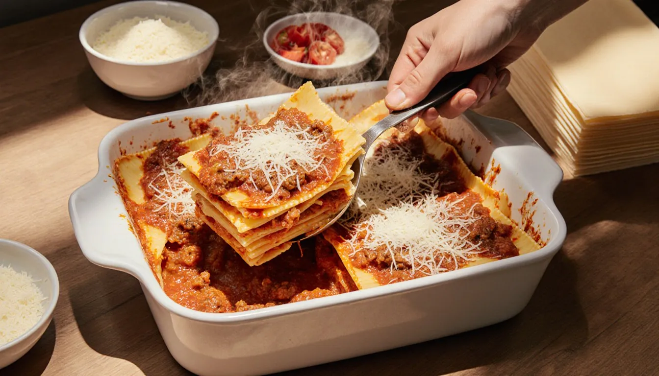 Hand layering pasta sheets over ragù and cheese while assembling a lasagna in a baking dish