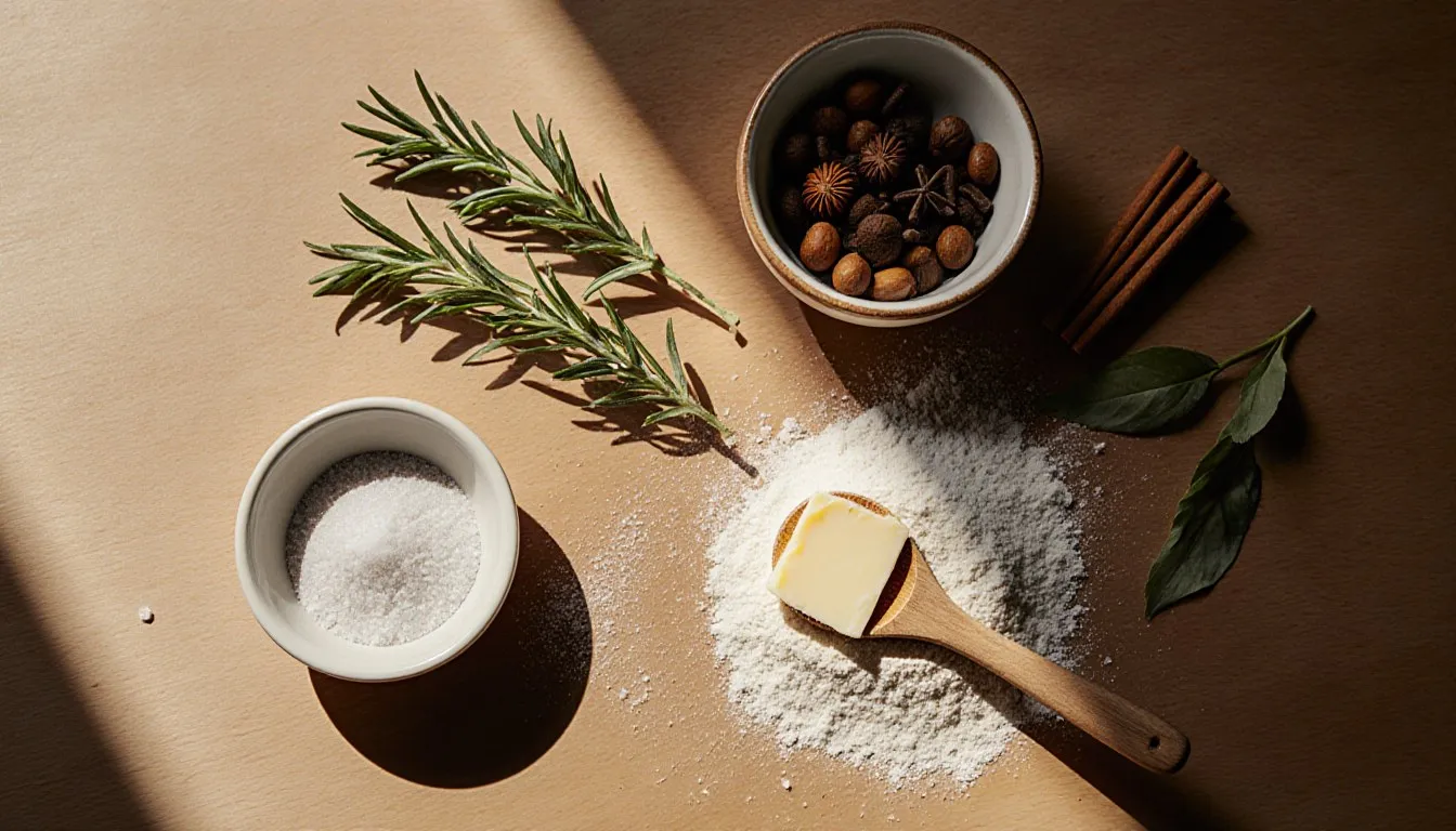 Salt, butter, flour, fresh herbs, and whole curry spices arranged on a wooden kitchen counter