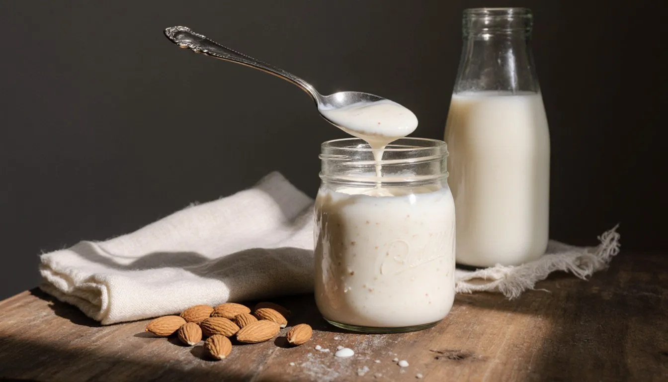 A jar of creamy homemade almond milk yogurt beside raw almonds and cheesecloth on a wooden counter
