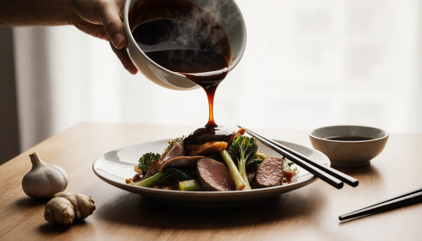 Glossy Chinese brown sauce spooned over stir-fried vegetables and meat with ginger and garlic nearby