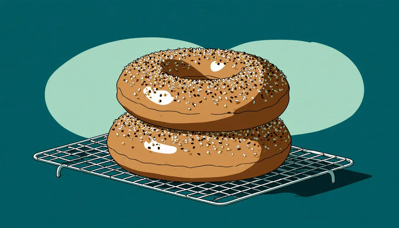 Three golden-brown bagels with sesame and poppy seeds cooling on a wire rack