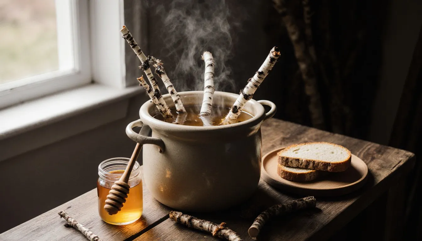 A crock of birch twigs steeping in liquid beside honey and toasted rye bread for homemade birch beer