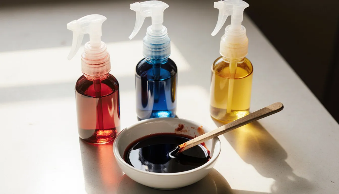 Red, blue, and yellow food coloring drops blending into black in a small white dish