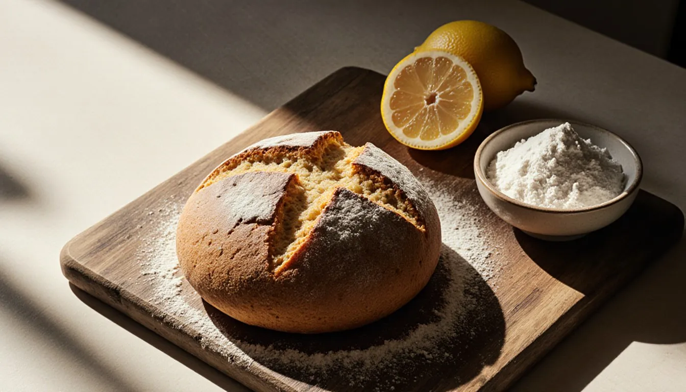 A crusty round soda bread loaf scored with a cross, beside baking soda and a halved lemon