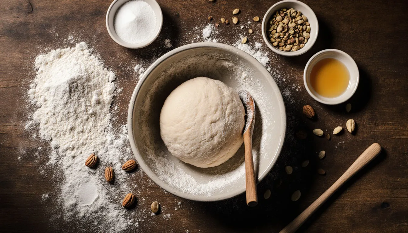 Kneaded bread dough in a bowl surrounded by flour, sugar, salt, and yeast on a wooden counter