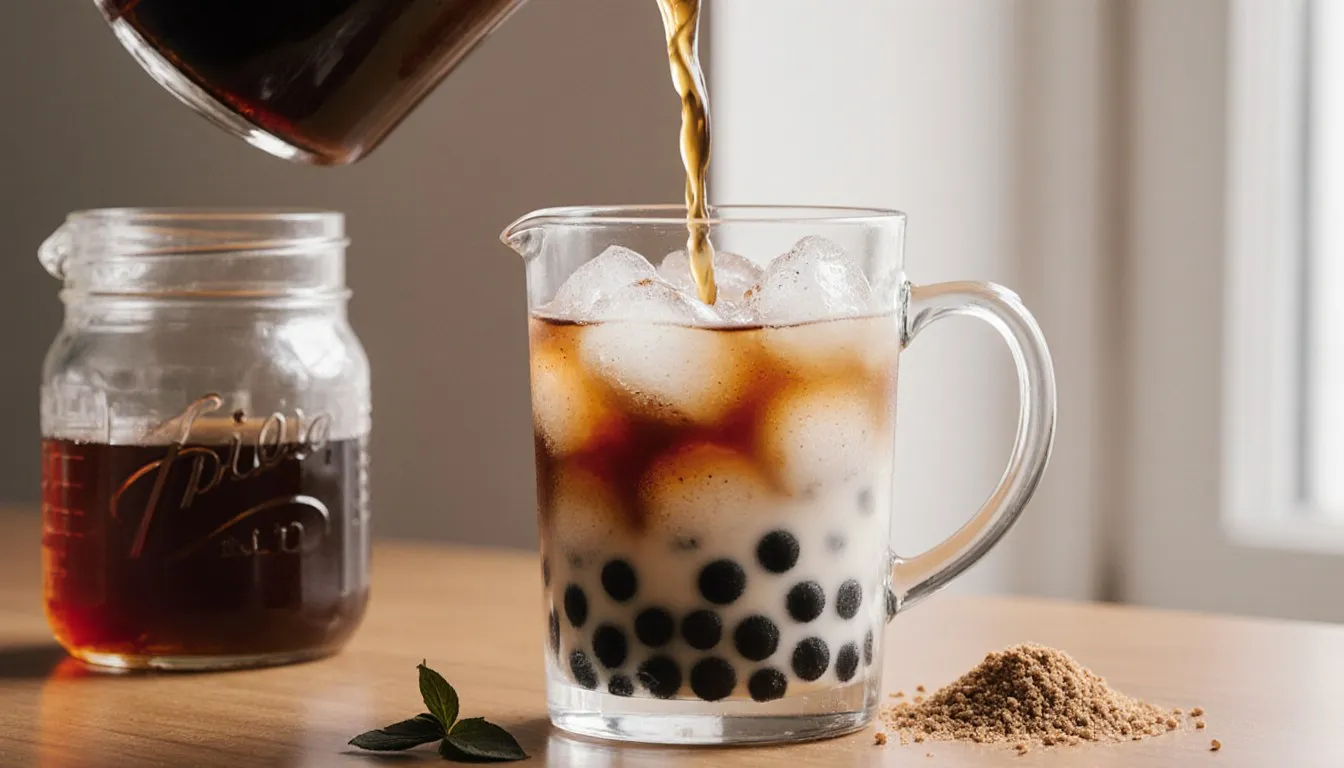 Glass of bubble tea with tapioca pearls, ice, and milky tea beside a jar of amber sugar syrup