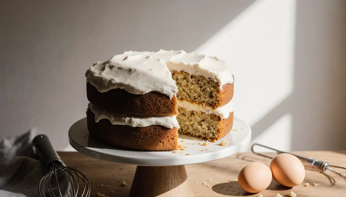 A frosted homemade layer cake with one slice cut away, revealing its soft crumb on a kitchen counter