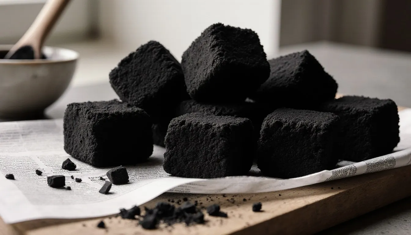 Hand-formed homemade charcoal briquettes drying on a board, showing their rough, hand-pressed texture
