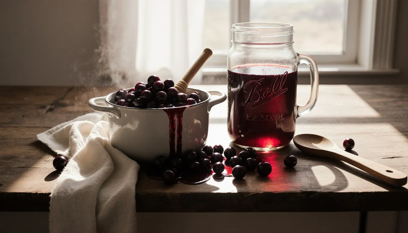 Chokecherries being mashed in a pot beside a jar of deep red homemade chokecherry wine