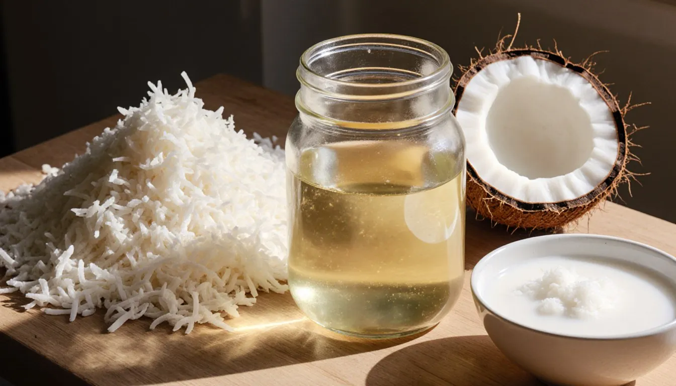 A jar of homemade coconut oil beside grated coconut and a halved coconut on a wooden counter