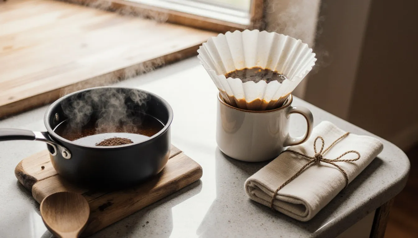 A saucepan of simmering coffee, a cloth coffee pouch, and a simple pour-over dripper on a stovetop