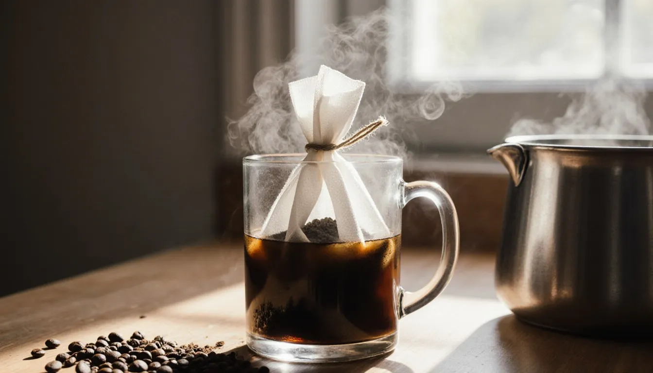 A makeshift paper towel pouch of coffee grounds steeping in a glass mug like a teabag