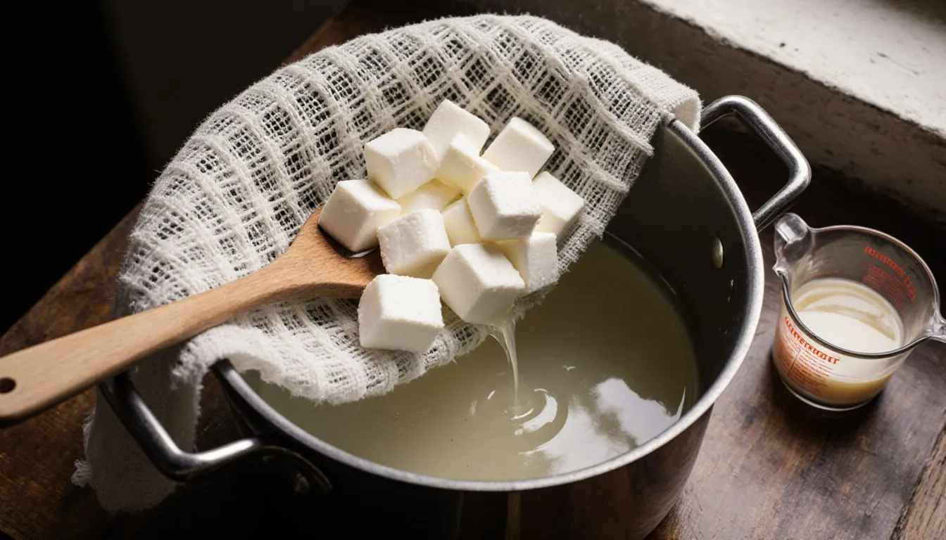 Fresh cottage cheese curds draining through cheesecloth over a pot, with whey separating below