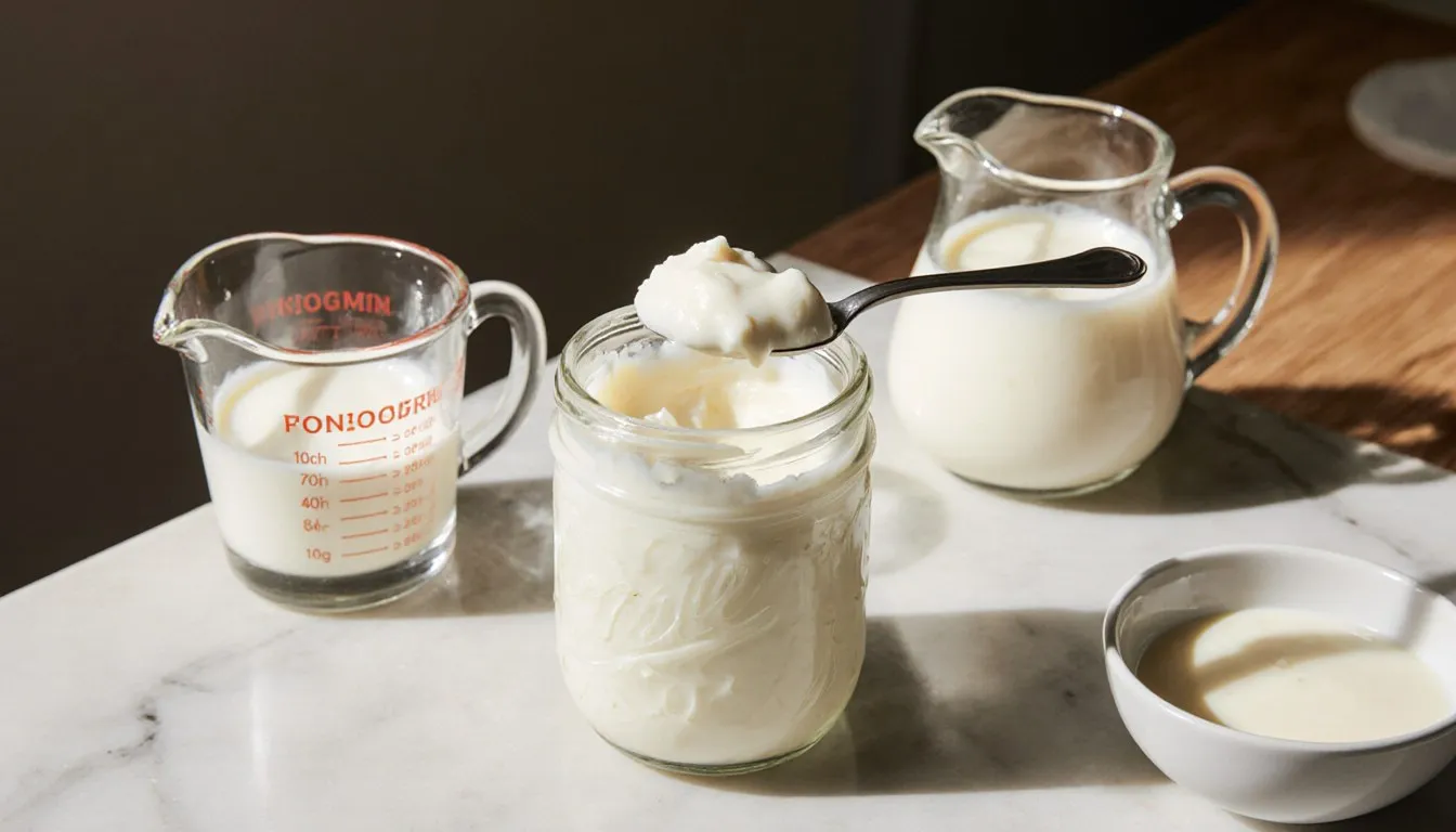 A jar of homemade crème fraîche with a spoon, next to heavy cream and buttermilk on a kitchen counter