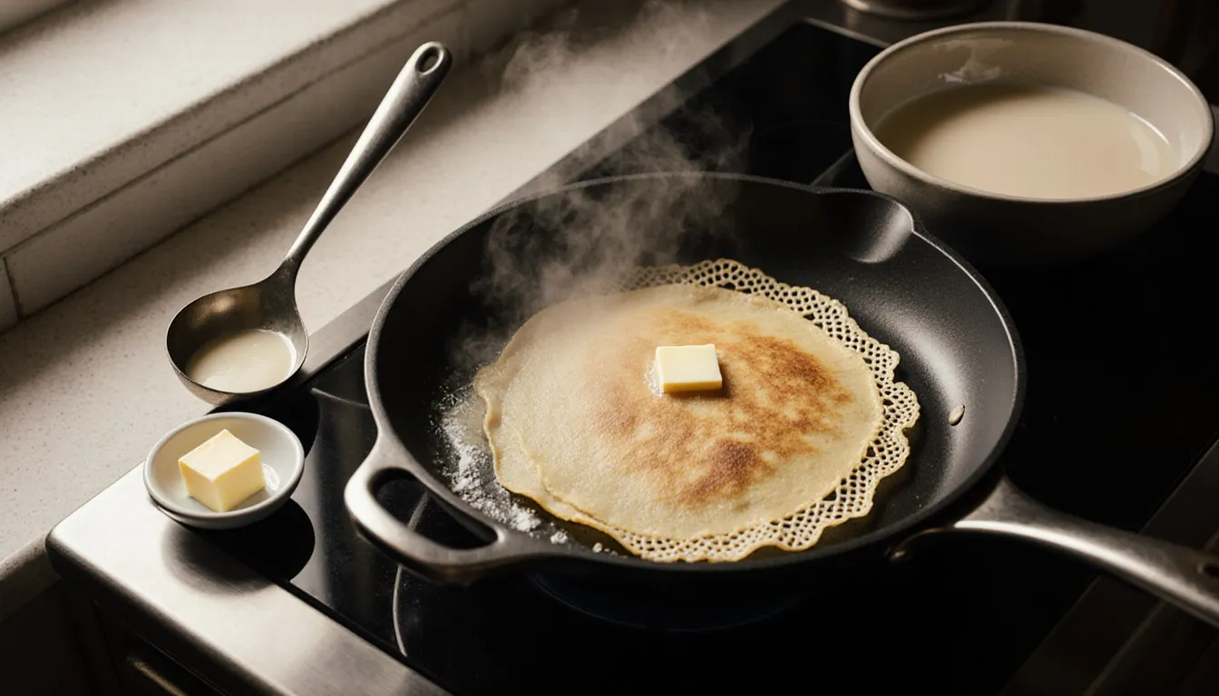 A golden, lacy crepe cooking in a pan beside a bowl of pale batter and melting butter