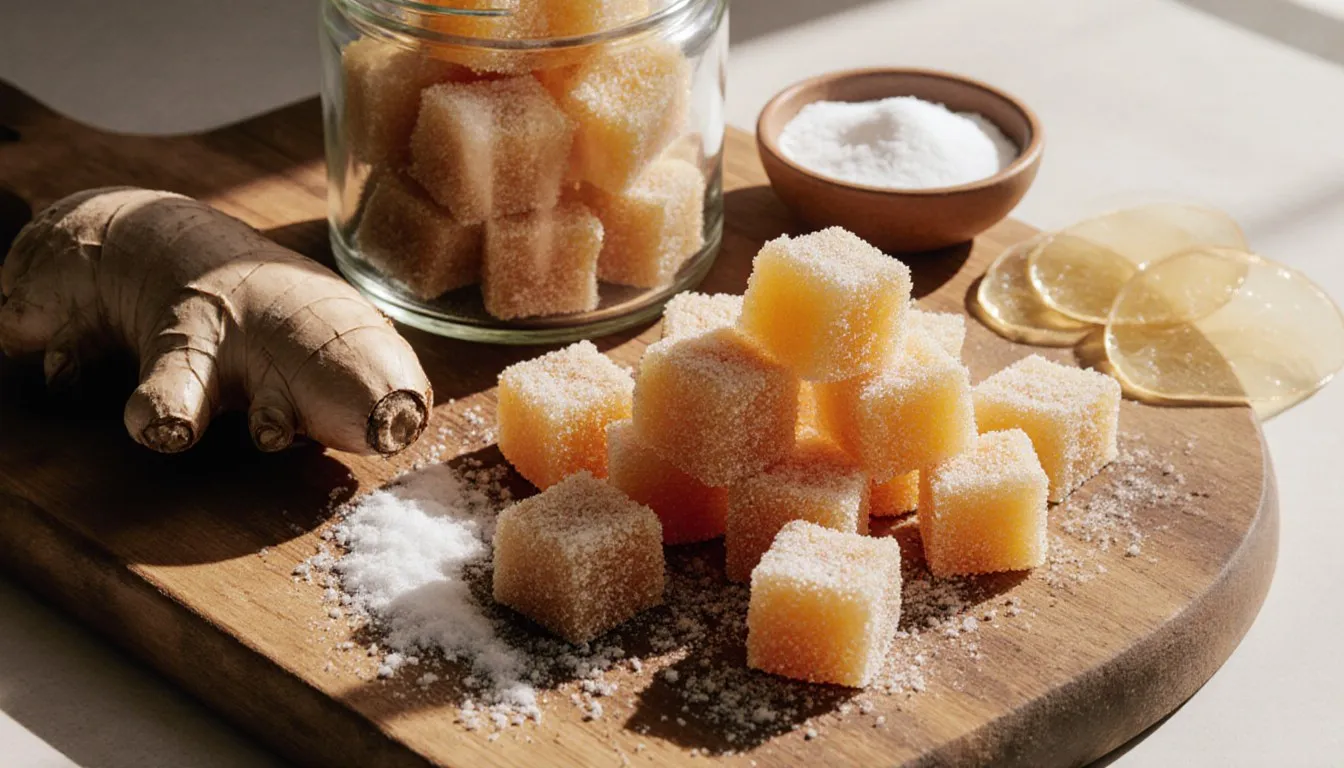 Homemade crystallized ginger candy pieces coated in sugar crystals beside fresh ginger root