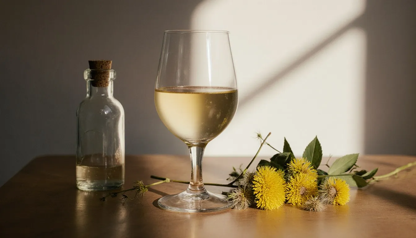 A glass of golden dandelion wine beside fresh yellow dandelion flowers and a corked bottle