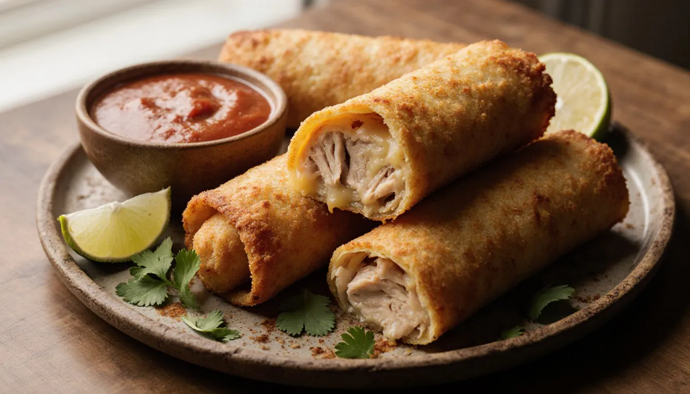 Crispy fried chicken crispitos stacked on a plate, one sliced open to show the chicken filling, with dipping sauce