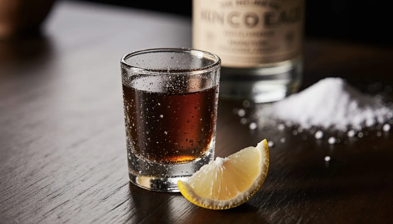 A chocolate cake shot in a glass beside a sugar-coated lemon wedge and hazelnut liqueur bottle