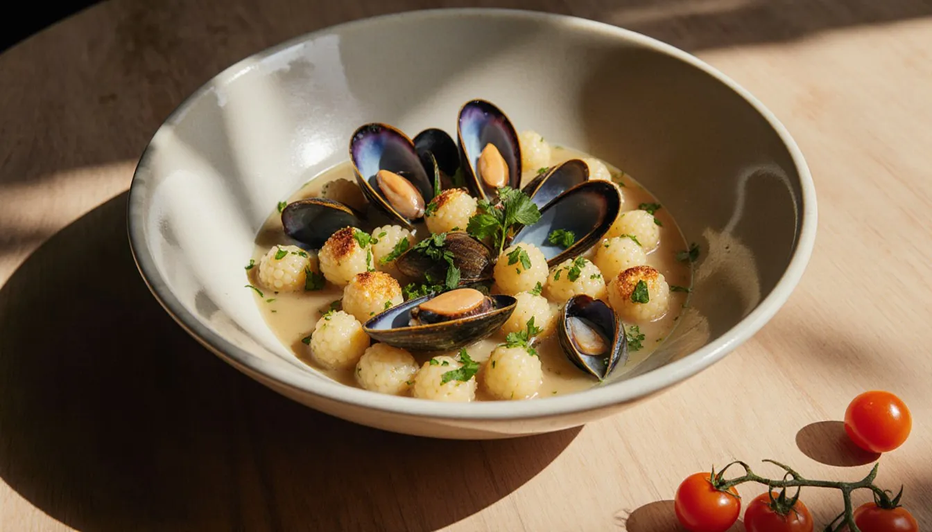 A bowl of fregola pasta pearls with clams, mussels, and fresh parsley