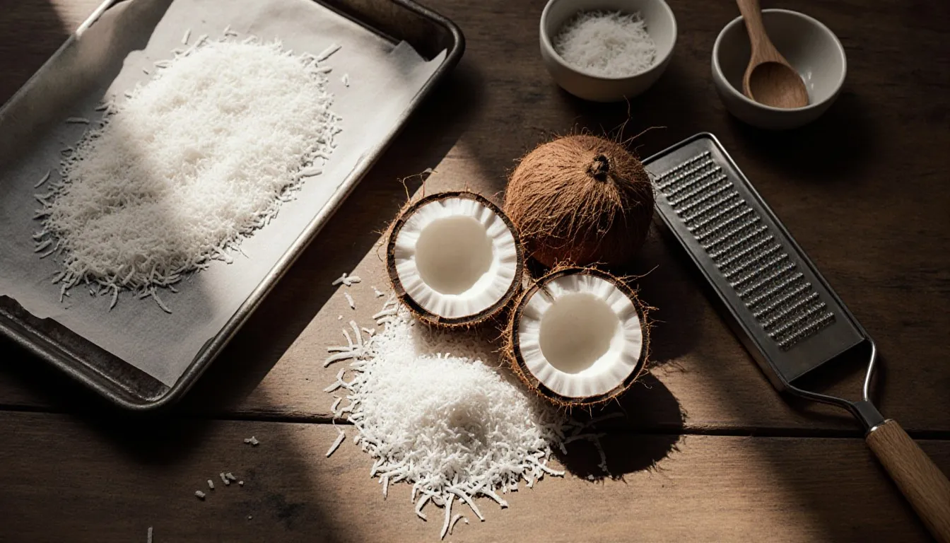 Fresh coconut grated into fine shreds beside a grater and baking sheet, ready to be desiccated