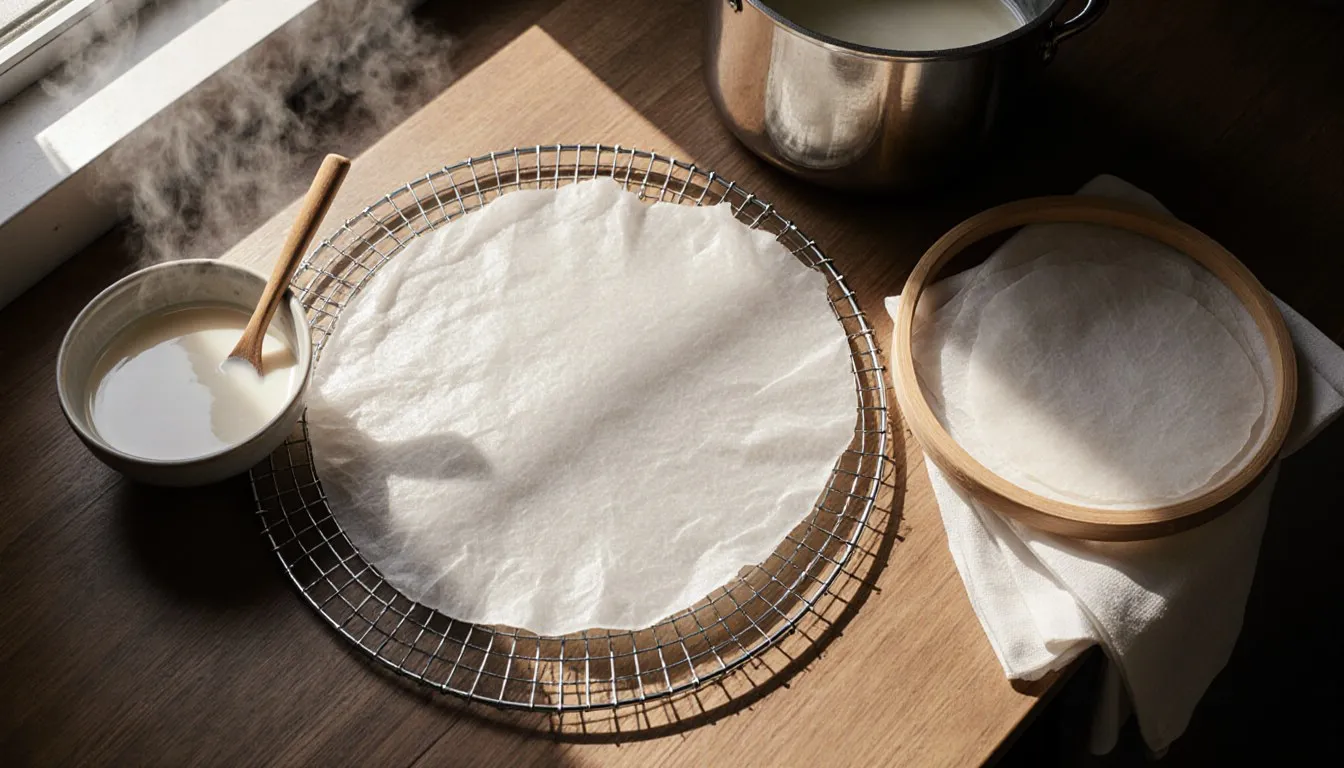 Translucent homemade rice paper sheets drying on a rack beside a bowl of rice flour batter and cheesecloth hoop