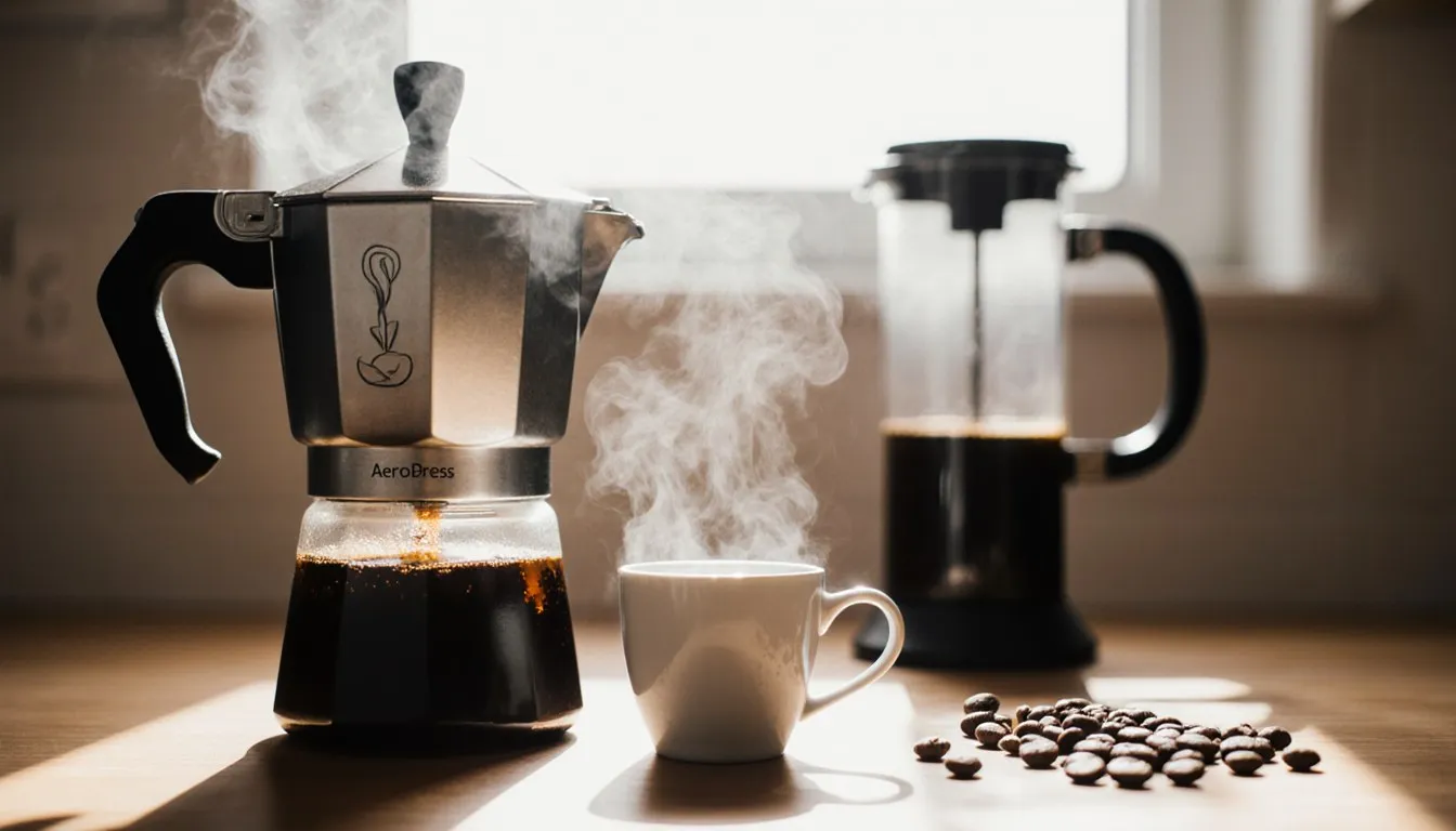 A moka pot brewing espresso-style coffee into a small cup beside an AeroPress on a kitchen counter