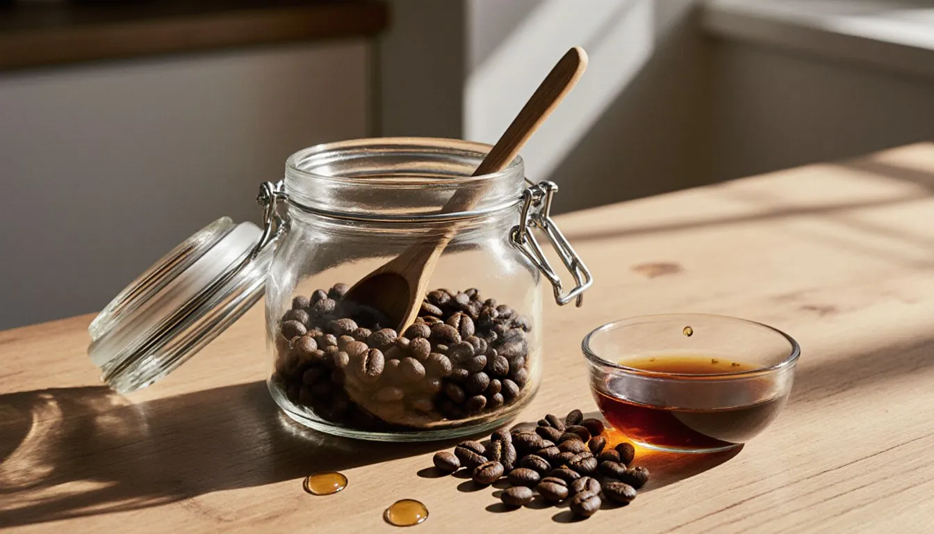 Roasted coffee beans in a glass jar being mixed with vanilla extract using a wooden spoon