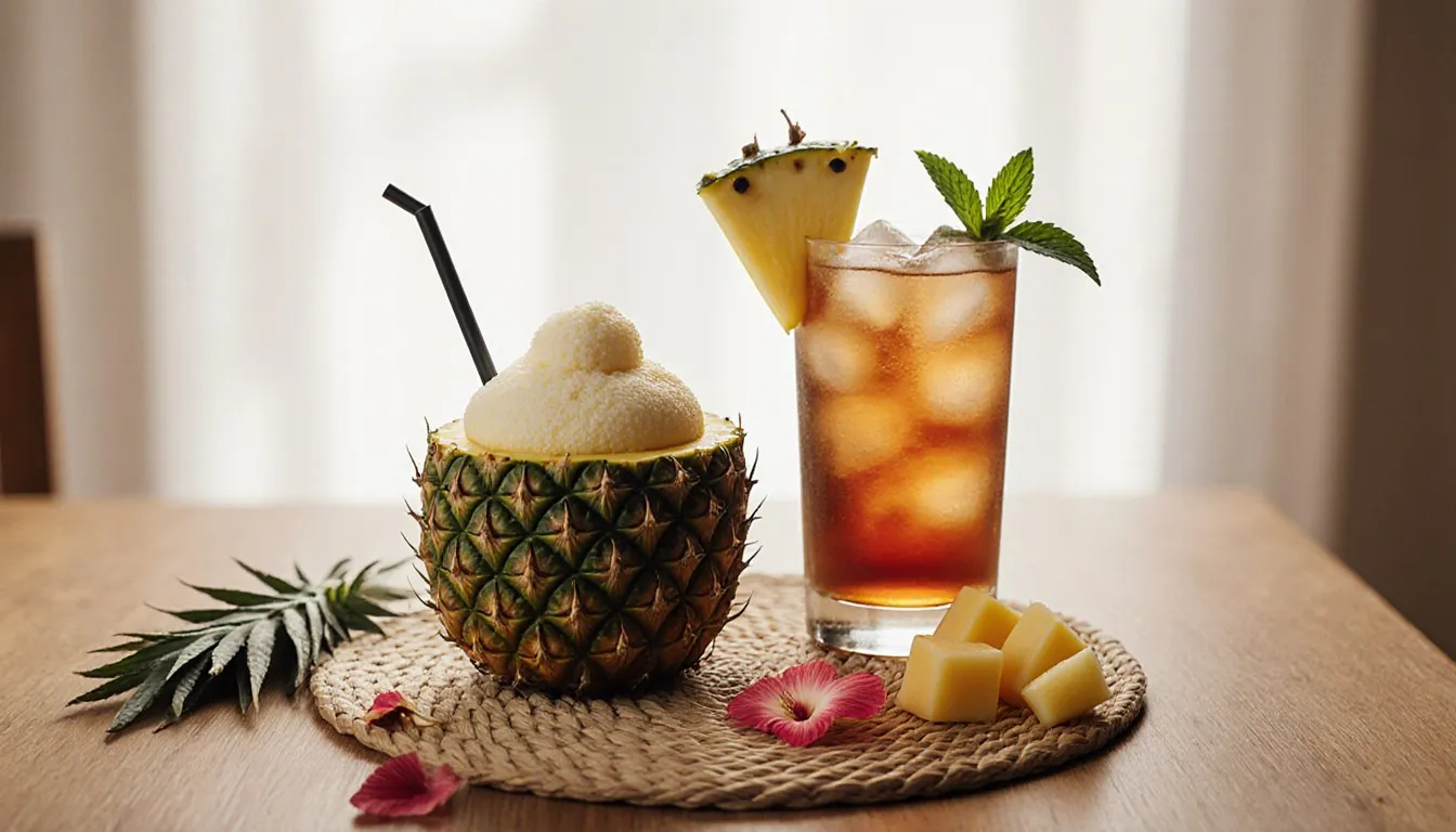 A virgin piña colada in a pineapple shell next to a glass of pineapple iced tea with fresh fruit garnish