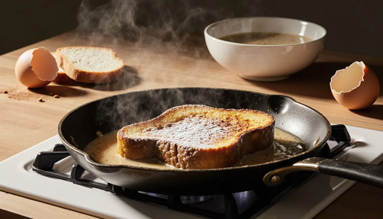 A slice of French toast cooking in a skillet beside a bowl of egg batter with cinnamon and nutmeg