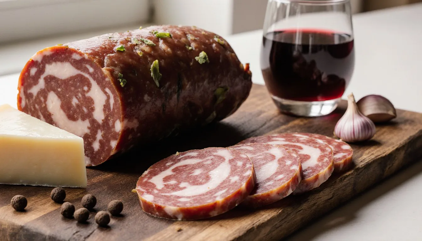 Sliced Genoa salami fanned on a wooden board with cheese and a glass of red wine