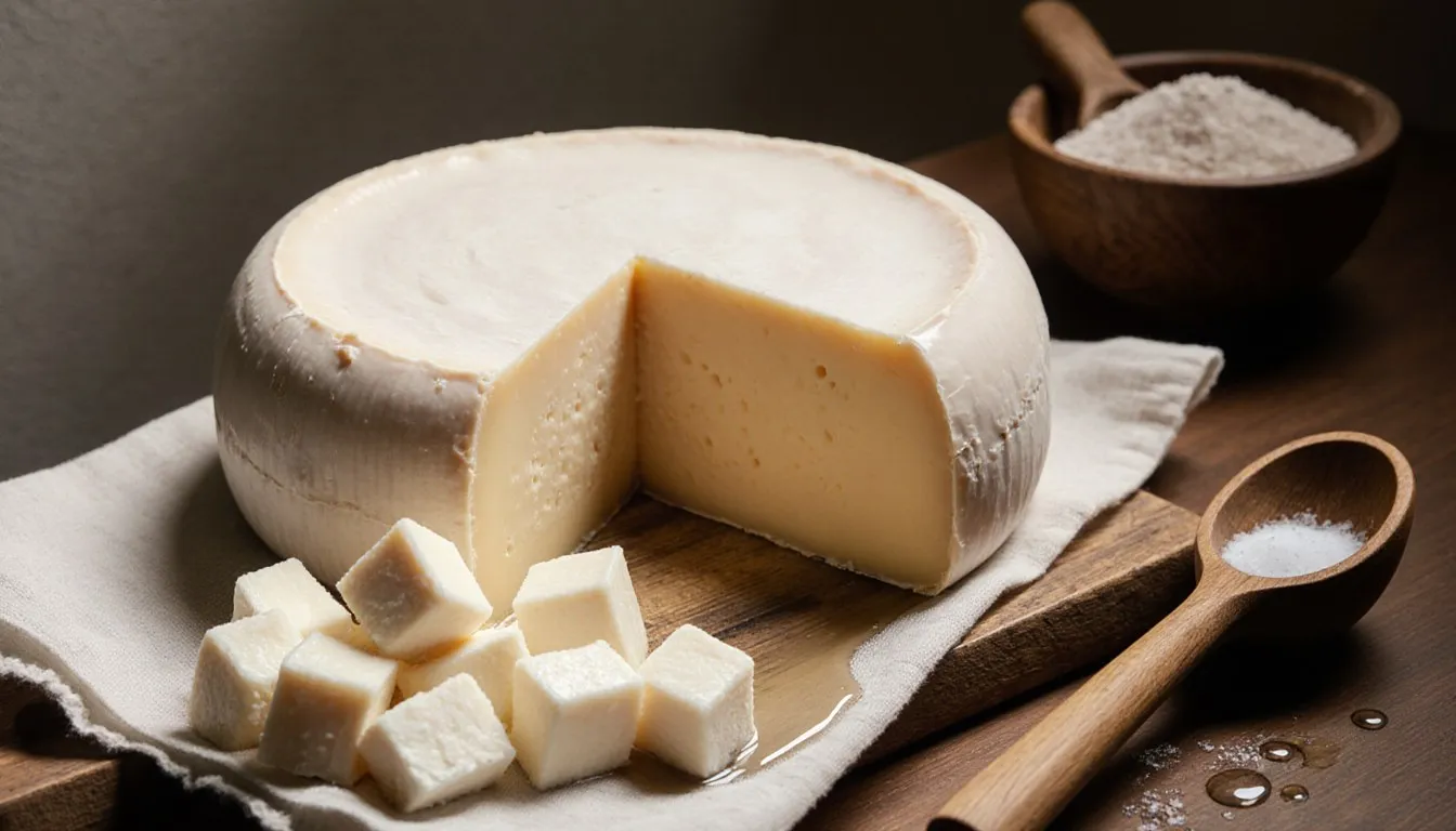 A homemade wheel of Gouda cheese cut open beside fresh curds and cheesecloth on a wooden board