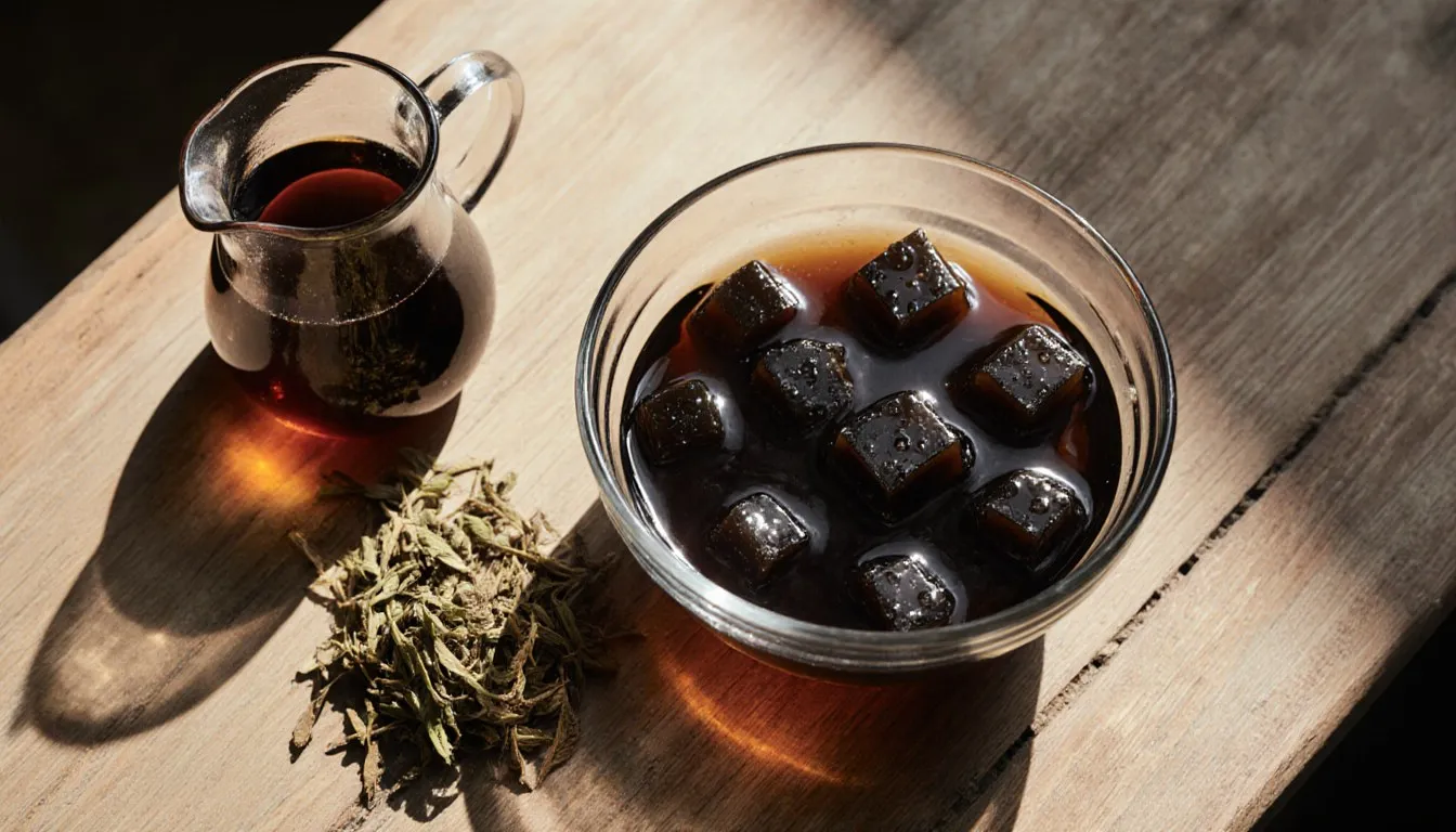 A bowl of glossy black grass jelly cubes beside dried mesona leaves used to make it from scratch