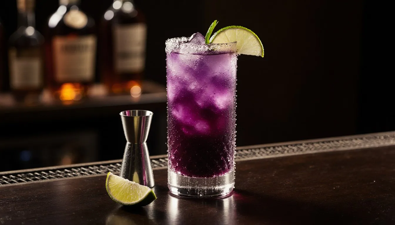 A violet-hued Grateful Dead cocktail in a hurricane glass garnished with lime, set on a bar.