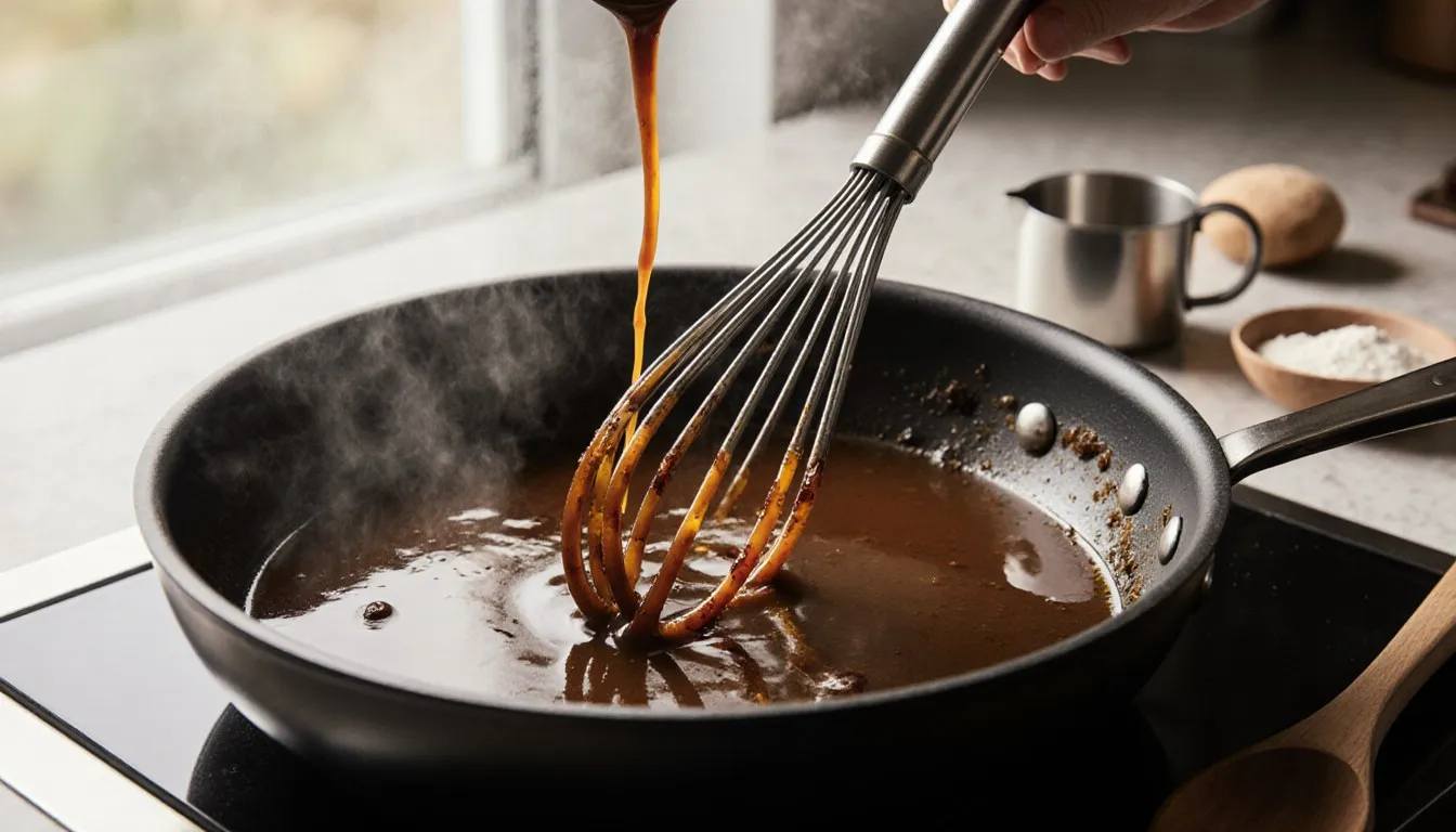 A whisk stirring glossy brown gravy in a skillet, with browned drippings visible along the pan's edge.