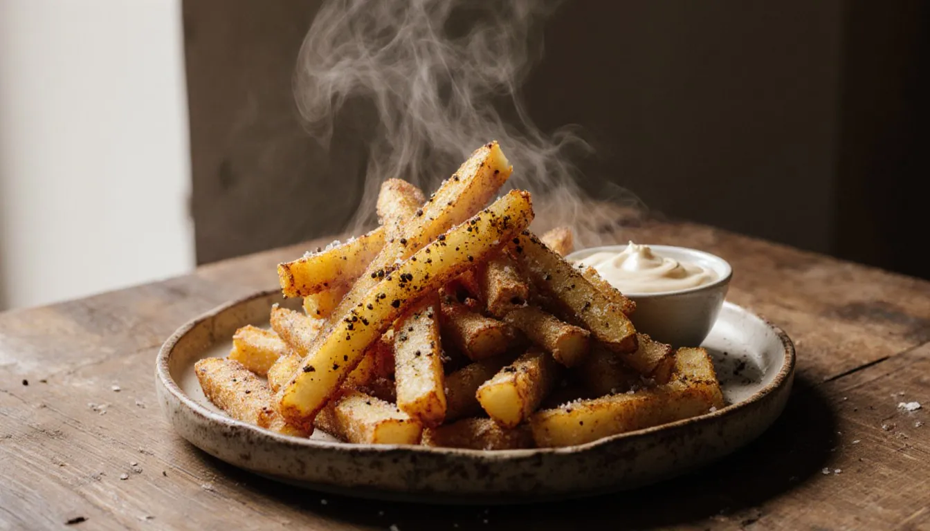 A heaping plate of golden, freshly fried homemade French fries with a side of garlic mayonnaise