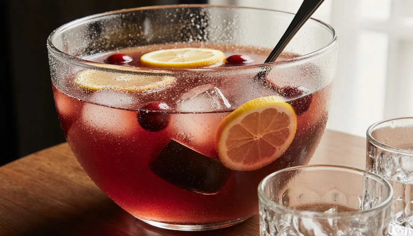 A glass punch bowl filled with fruity red punch, ice, and floating lemon slices, ready to serve