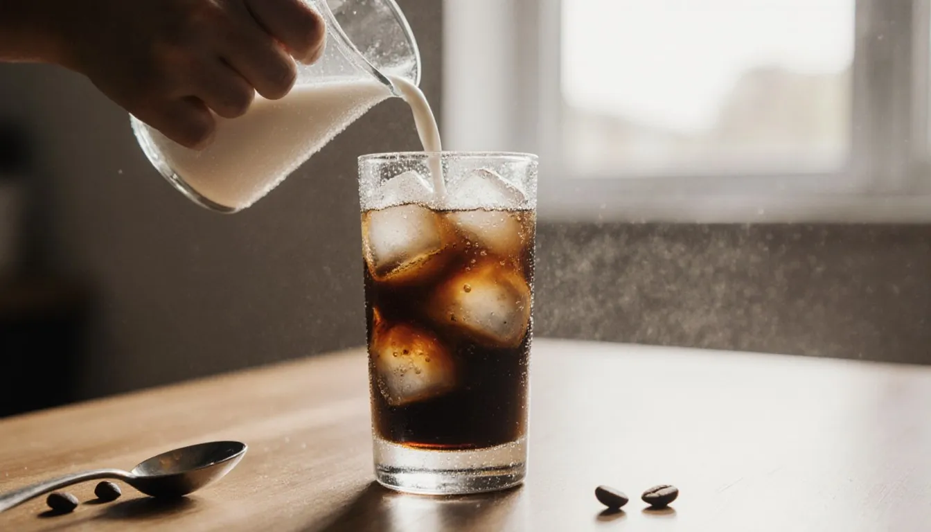 Cold milk swirling into a glass of iced coffee over ice cubes, condensation on the glass