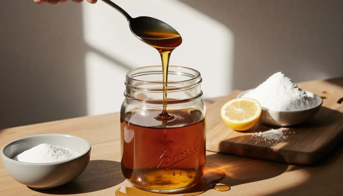 A jar of glossy amber invert sugar syrup with a spoon, sugar, and lemon on a kitchen counter