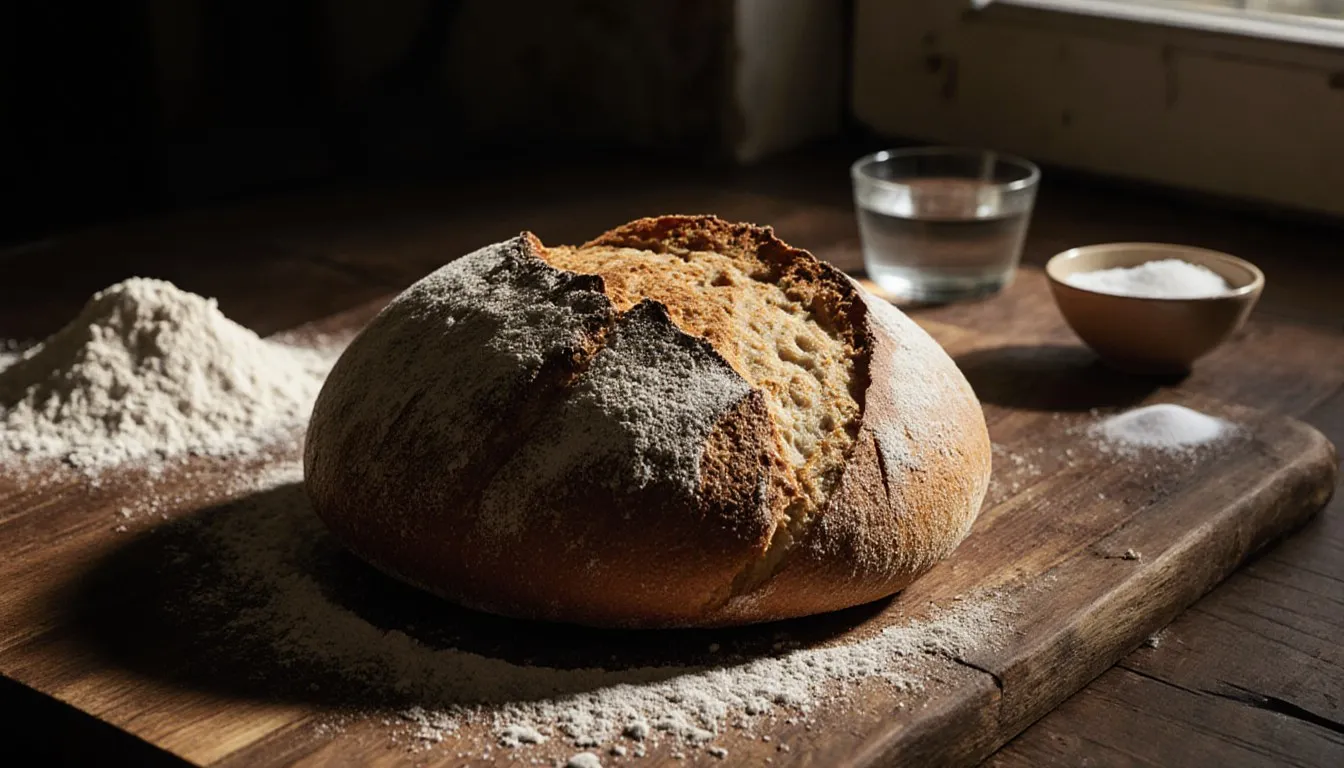 Golden-crusted Italian bread loaf cooling on a wooden board dusted with cornmeal