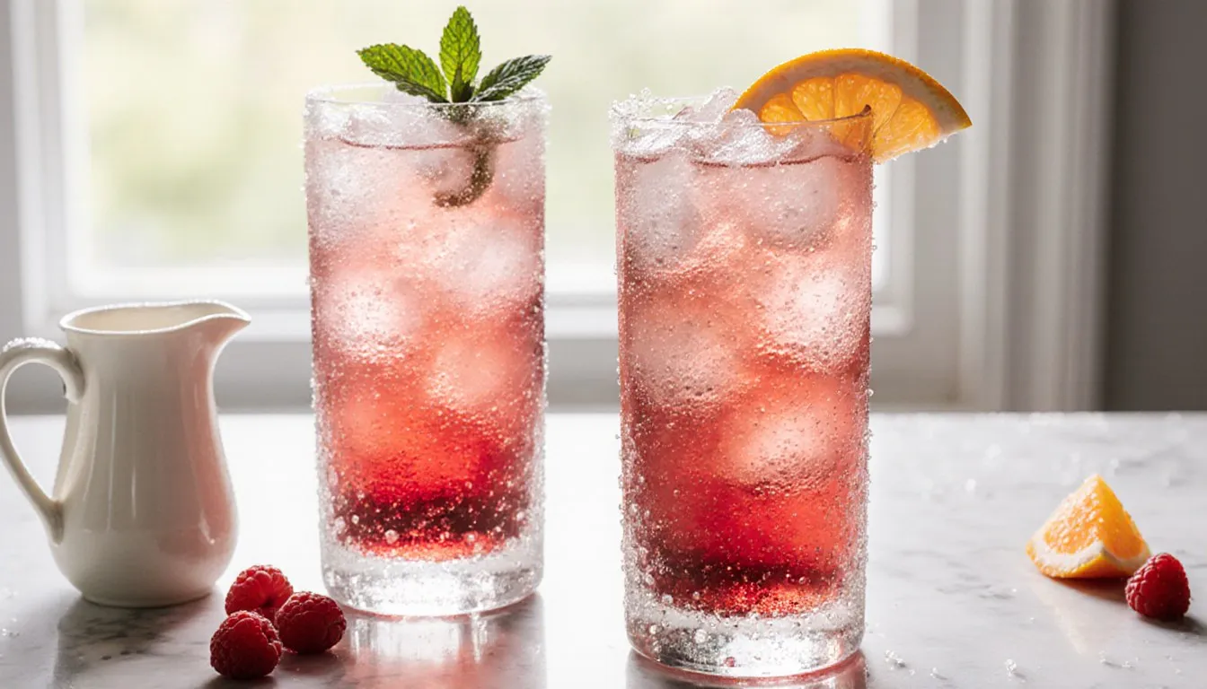 Two glasses of colorful Italian soda garnished with mint and citrus on a marble counter