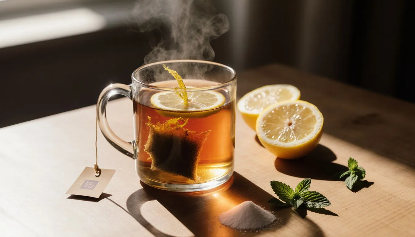 A glass mug of hot lemon tea with zest and lemon slice, surrounded by fresh lemons, sugar, and mint leaves