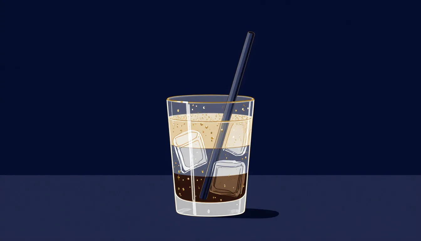 A layered Mind Eraser cocktail with dark, clear, and fizzy layers in a rocks glass with a straw
