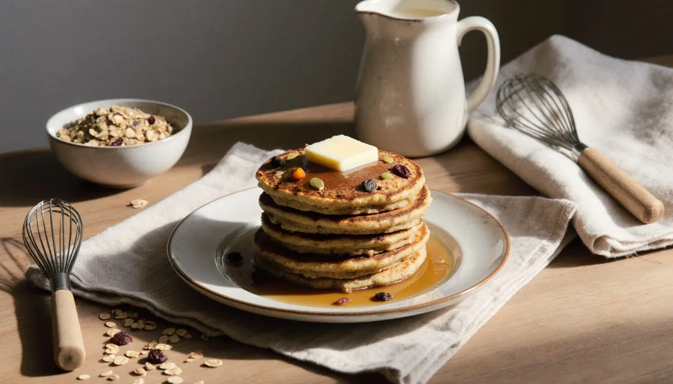 A stack of golden muesli pancakes topped with butter and syrup, served with a bowl of muesli and a jug of milk