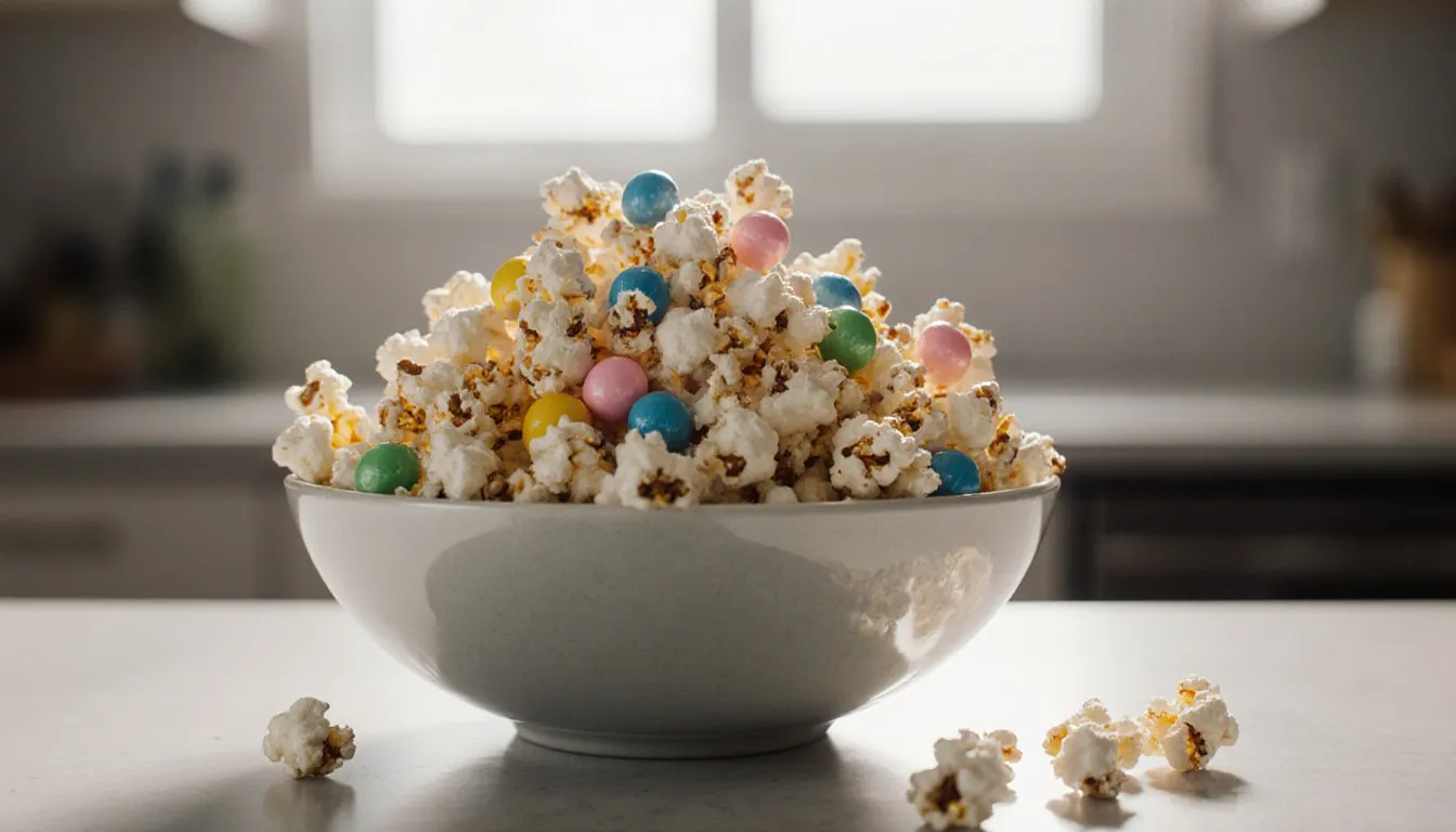 A bowl piled high with glossy multicolored popcorn in pink, blue, yellow, and green candy coatings