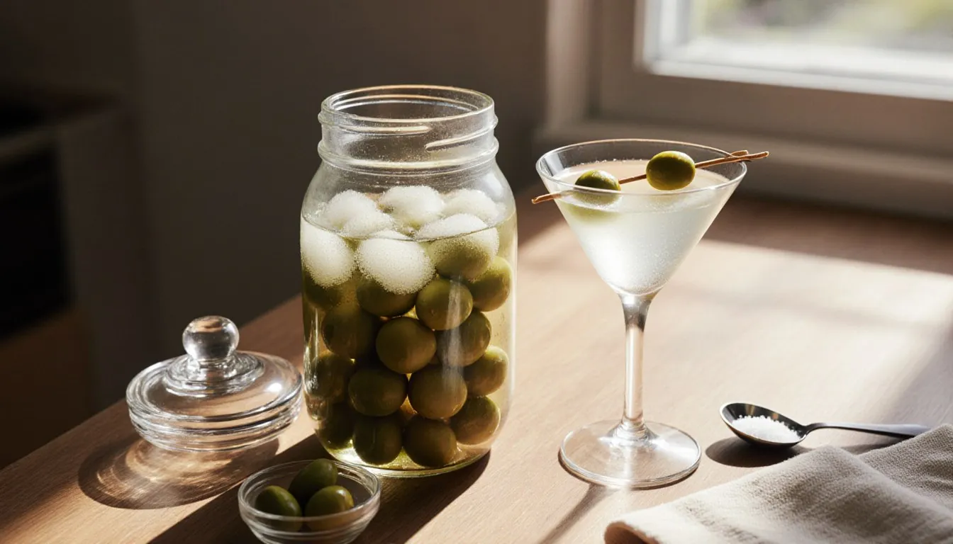 A jar of homemade olive juice with green olives beside a finished dirty martini garnished with olives