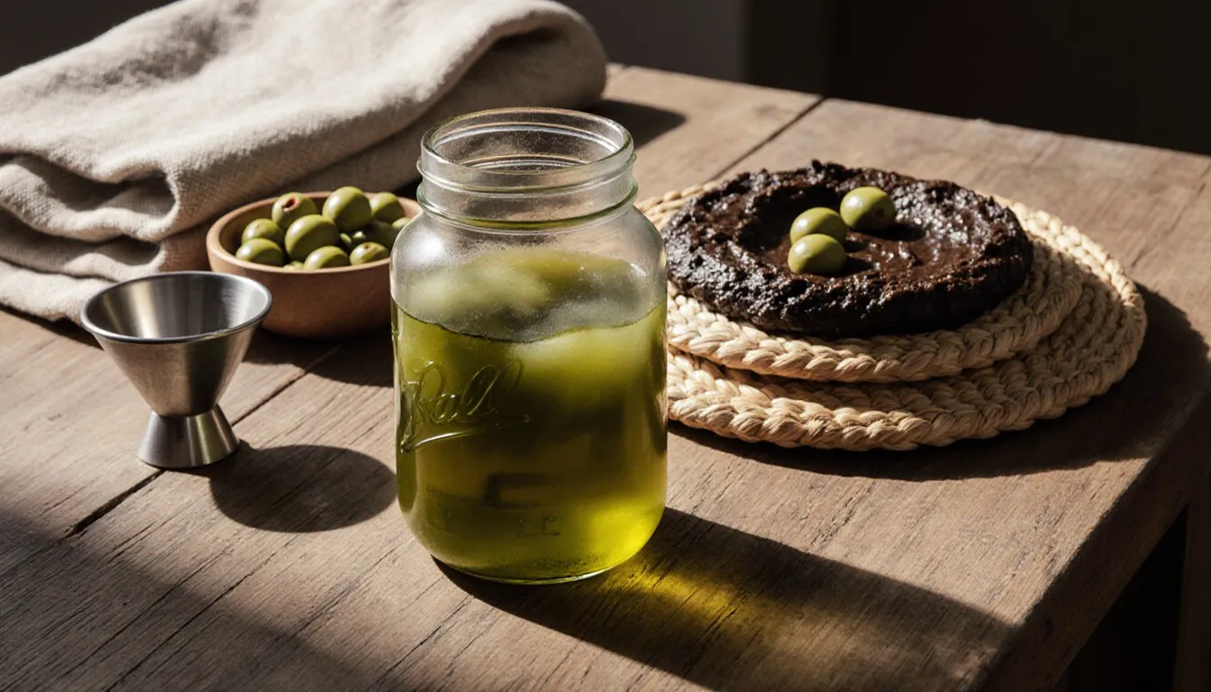 Fresh olive oil in a jar beside crushed olive paste on pressing mats and a bowl of whole olives