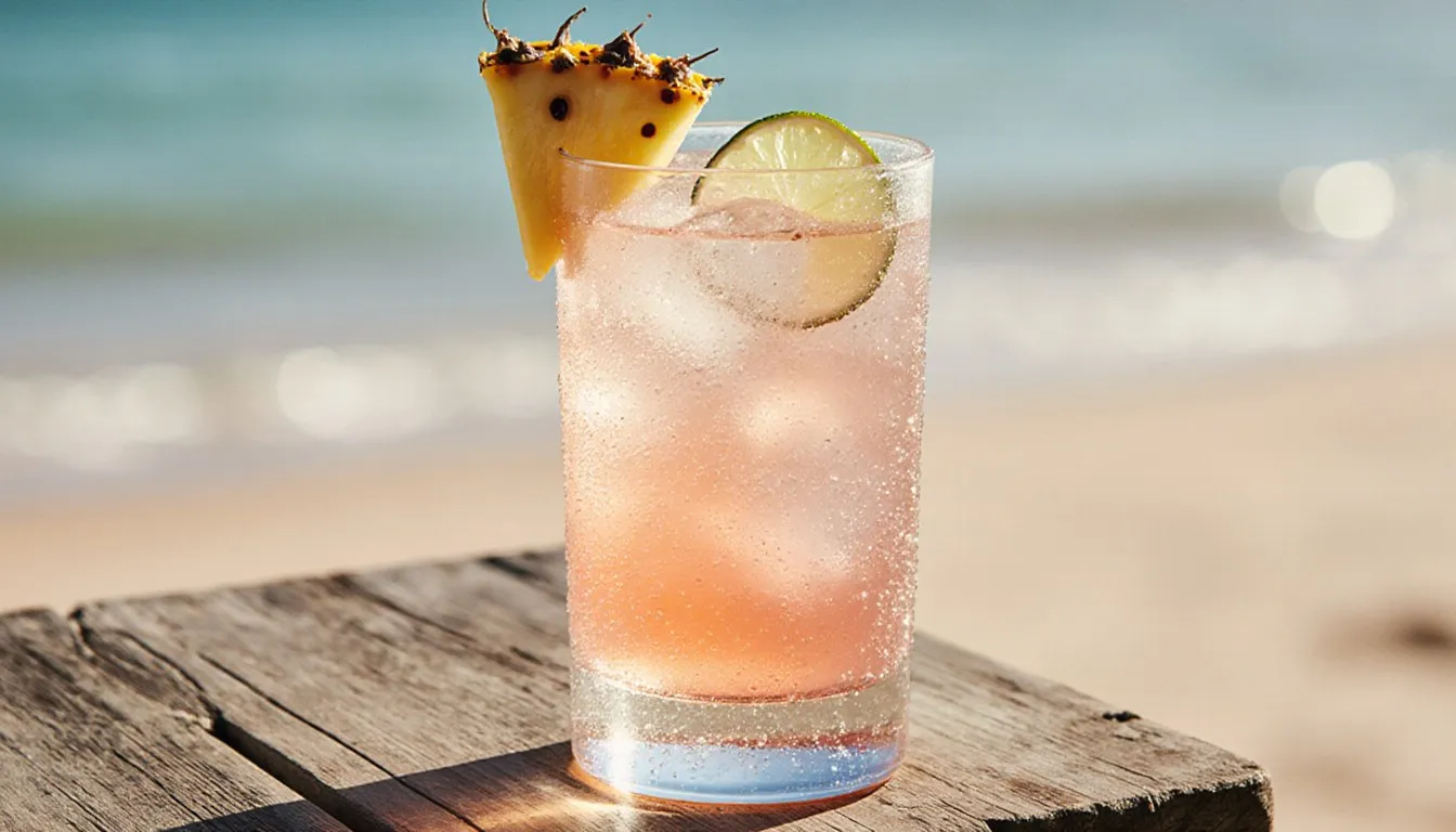 A pink Malibu Bay Breeze cocktail with lime and pineapple garnish on a beachside table